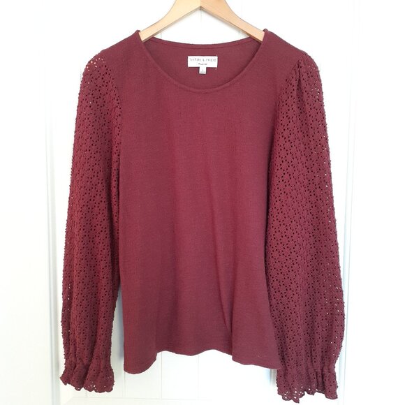 Madewell Texture & Thread Eyelet Mix Ruffle-Sleeve Top in Wine Red Size L - Picture 1 of 12